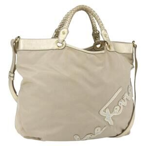 Salvatore Ferragamo Hand Bag Nylon 2way Beige Gold Auth BA9246